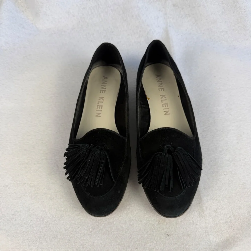 Anne Klein Darcy Black Suede Tassel Loafers Smoking Flats‎ Womens 9.5 Casual